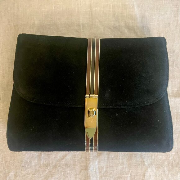 VINTAGE SUEDE HANDBAG WITH METAL CLASP & ENAMEL DETAIL - Picture 1 of 6